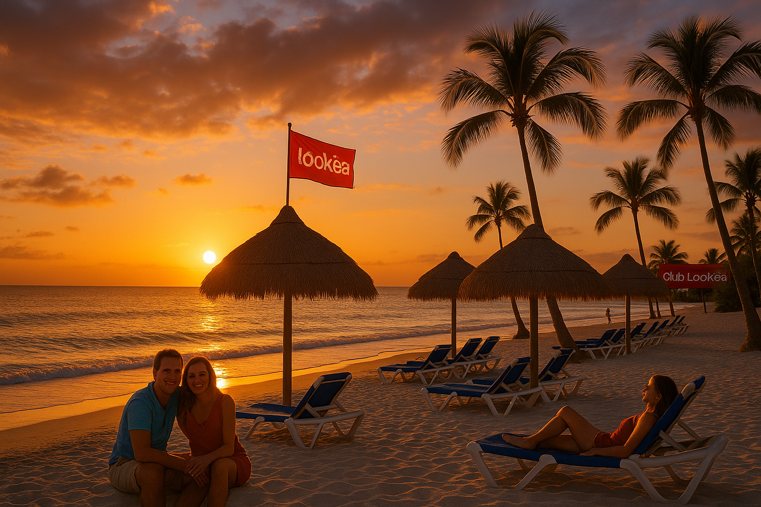 Couple enjoying sunset on a tropical beach at Club Lookéa by Look Voyages, with palm trees, lounge chairs, and a glowing ocean horizon.