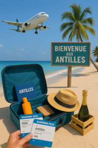 voyage aux Antilles et une Valise ouverte sur une plage des Antilles avec billets d’avion Paris–Antilles, bouteille de champagne, chapeau, et panneau “Bienvenue aux Antilles” sous un avion en vol.