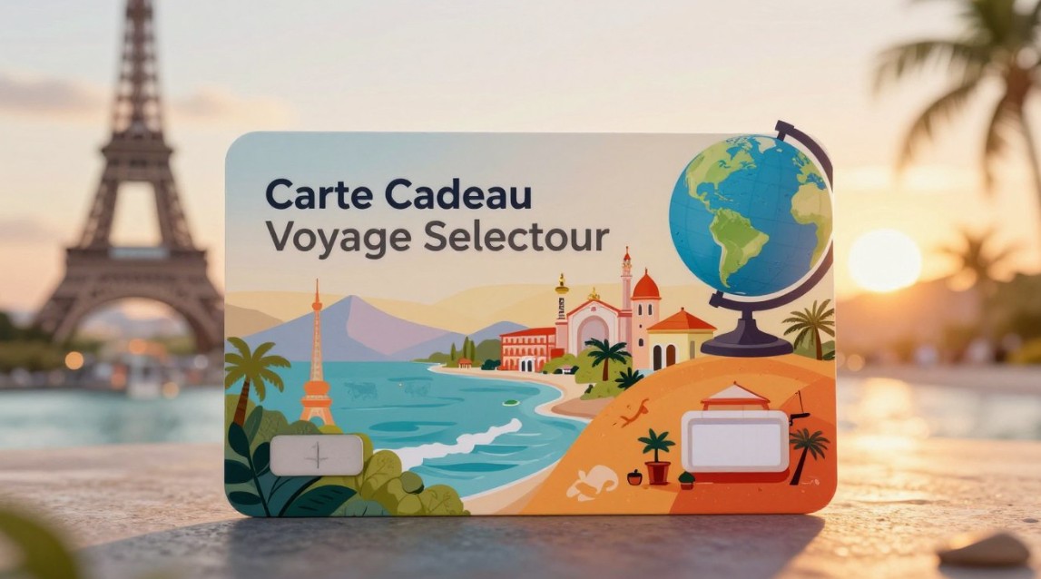 Carte cadeau voyage Selectour 2026 avec valises et passeports, symbole de séjours sur mesure et destinations de rêve