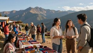 Voyageurs échangeant avec des artisans locaux sur un marché traditionnel en montagne lors d’un voyage immersif
