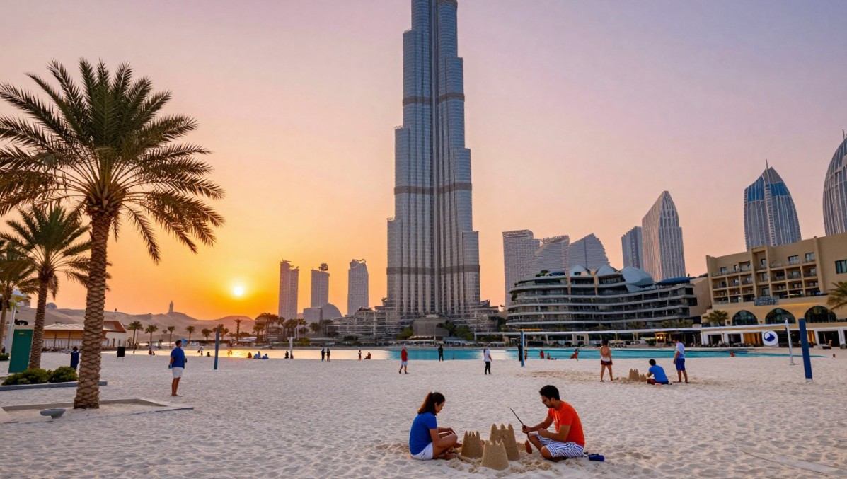 Famille heureuse profitant d’un voyage à Dubaï avec le Burj Khalifa en arrière-plan, Voyage Dubai Emirates Holidays