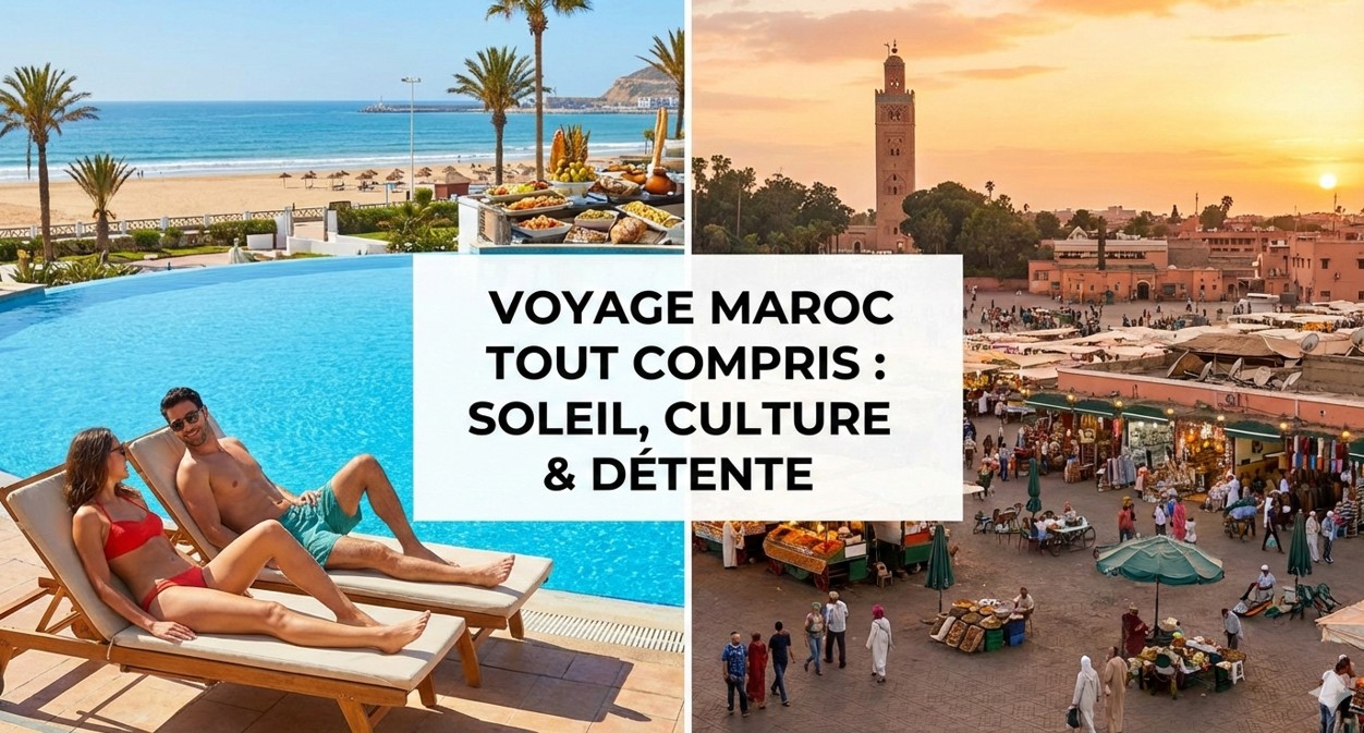 Collage divisé montrant à gauche un couple se relaxant au bord d'une piscine face à la mer à Agadir, et à droite la place Jemaa el-Fna à Marrakech au coucher du soleil. Texte central : "Voyage Maroc Tout Compris : Soleil, Culture & Détente".