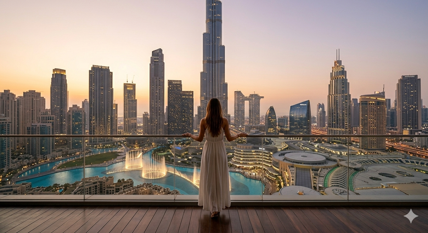 Voyage Dubai avec Emirates Holidays et une Vue panoramique sur le Burj Khalifa et Downtown Dubaï au coucher du soleil depuis le balcon d'un hôtel de luxe.
